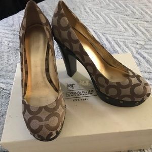 Coach bash and brown pumps with wooden platform